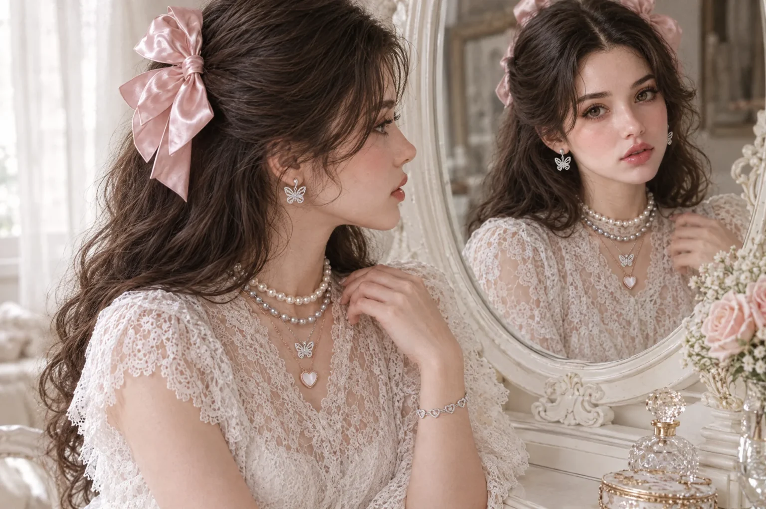 Her full look reflected in an oval vanity mirror