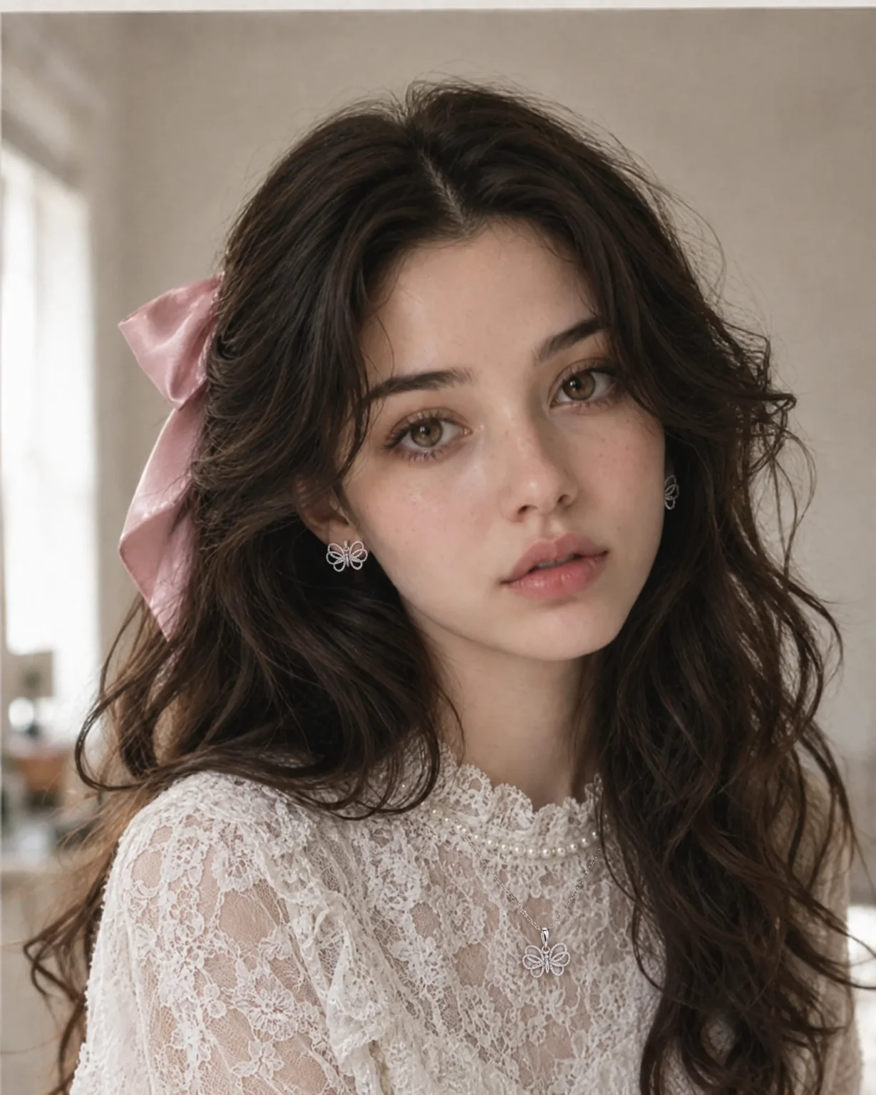 Her in white lace with a pink satin bow, butterfly earrings and pendant
