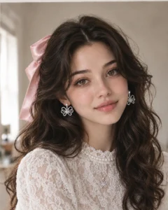 Her in white lace with a pink satin bow, smiling, wearing the butterfly earrings and pendant
