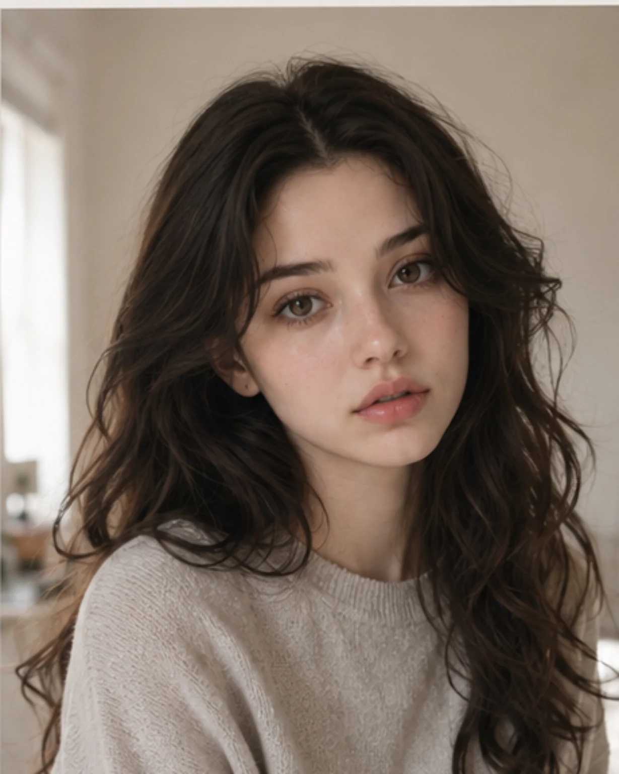 Her in a plain sweater, no jewellery, soft window light