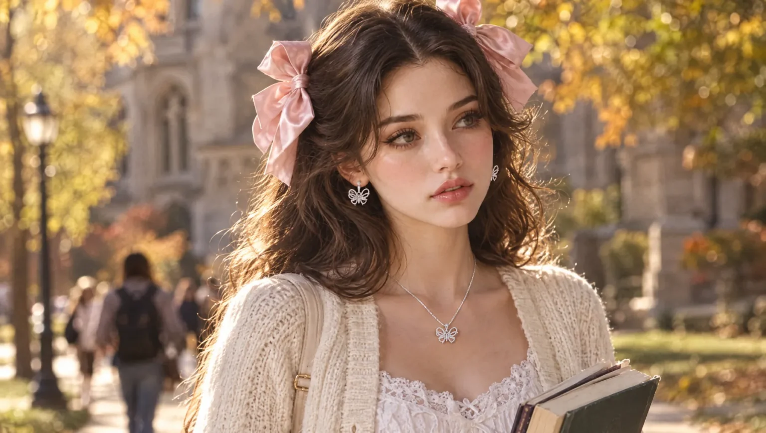 Walking across campus in a cream cardigan and pink bow