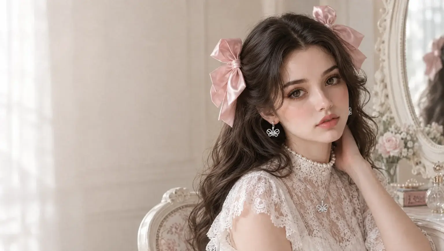 Her at the vanity in white lace and a pink satin bow, wearing the cubic butterfly earrings and pendant