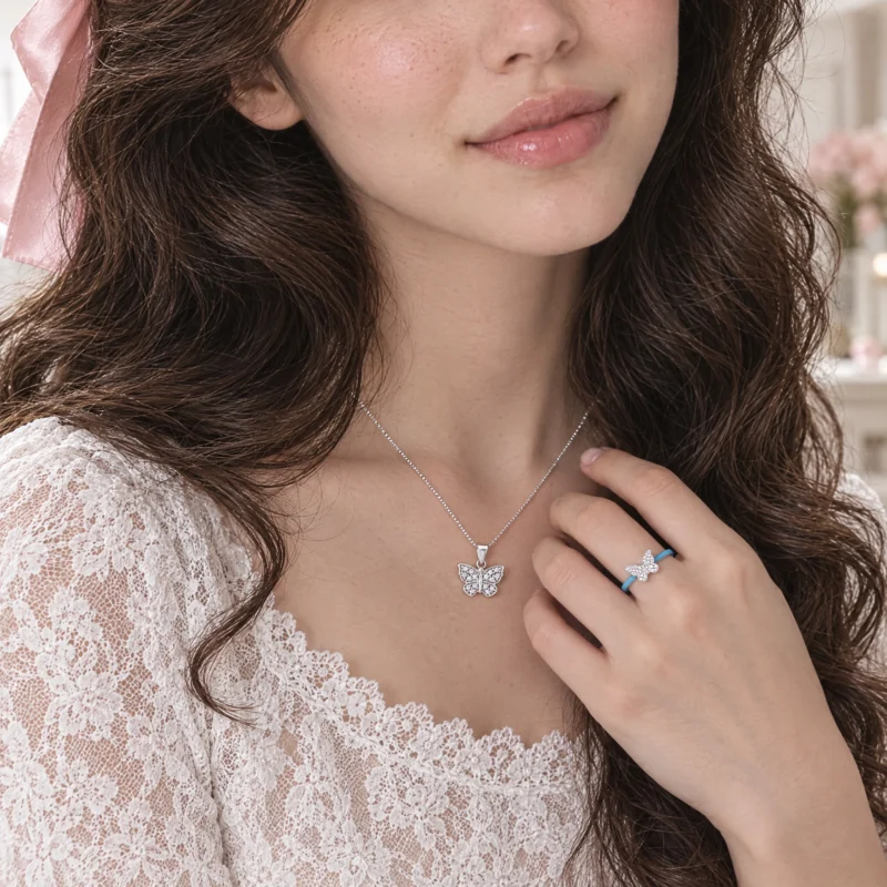 Her in white lace wearing the Blue Wing Set, the sterling silver butterfly pendant and the blue butterfly ring