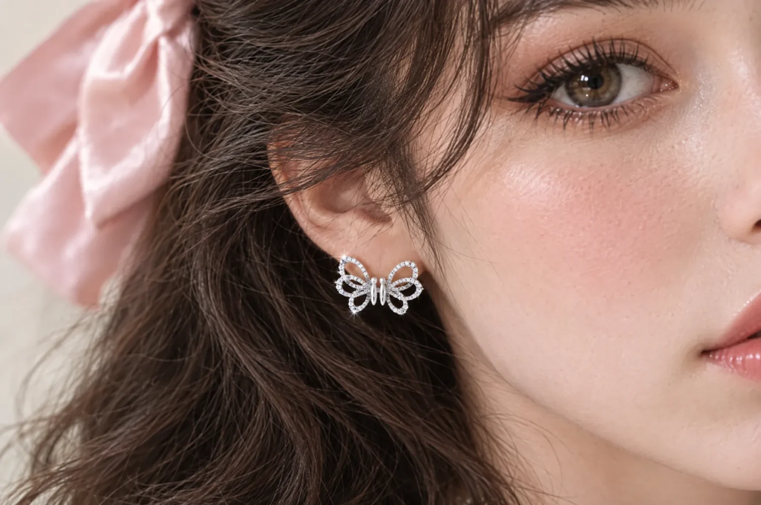 Close-up of a cubic butterfly earring catching window light