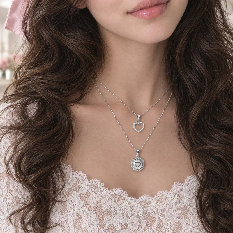 Her in white lace wearing the Secret Heart Set, two sterling silver heart pendants layered on box chains