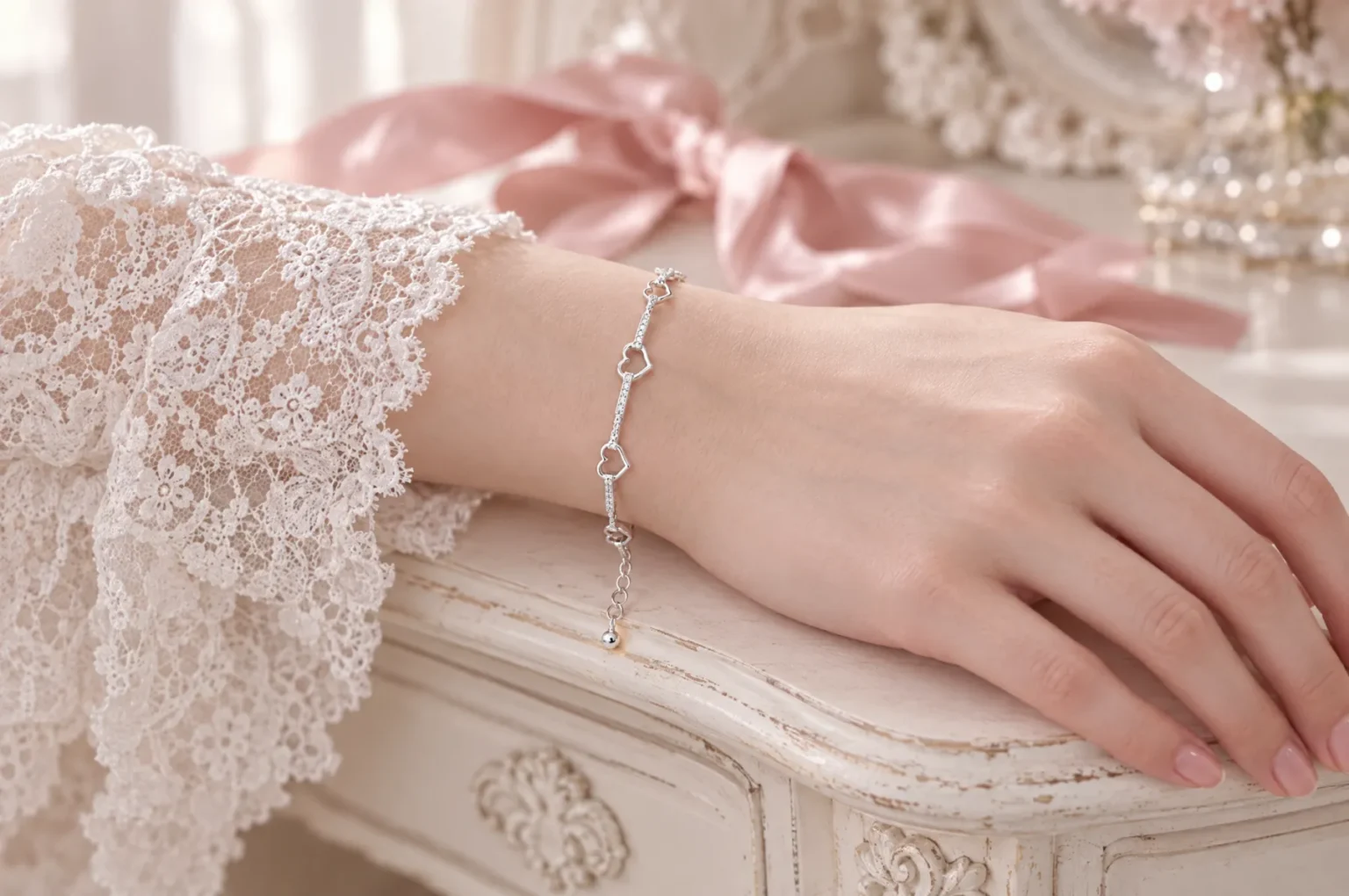 The cubic heart bracelet on her wrist at the vanity